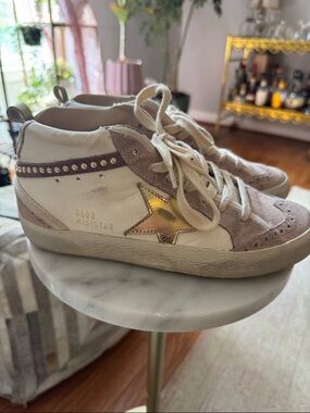 Golden Goose White and Blush MidStar Sneakers with Gold Star